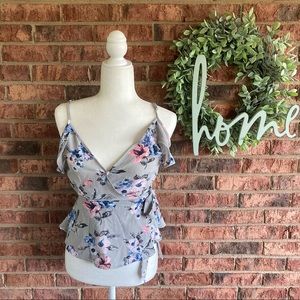 ✨5/$15 { MONTEAU } Gray Pink Blue Floral Flowy Wrap Spaghetti Strap Top